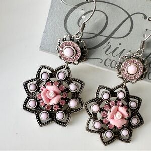 Elegant Vintage Pink Floral Earrings, Sterling Silver